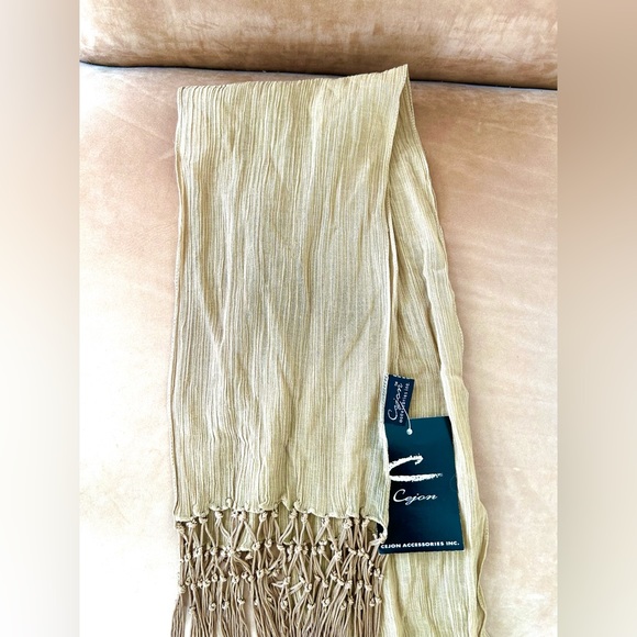 Cejon Semi Sheer Taupe/Tan/Khaki Scarf with Crochet Knotted Fringe- NWT - Picture 4 of 8